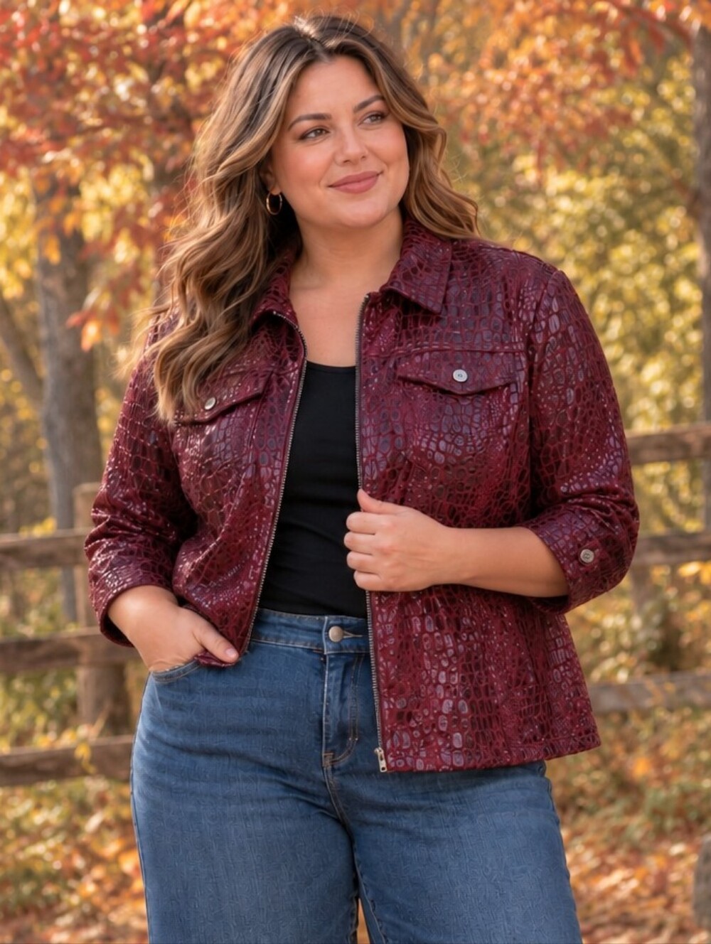 Ruby Rd. Women's Burgundy Animal Print Zip-Front Jacket, 16W